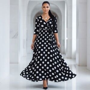 Elegant Black and White Polka Dot Maxi Dress